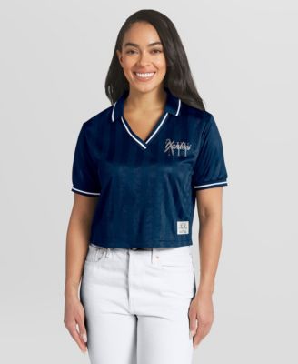 Women's Navy New York Yankees Cropped V-Neck Polo Shirt