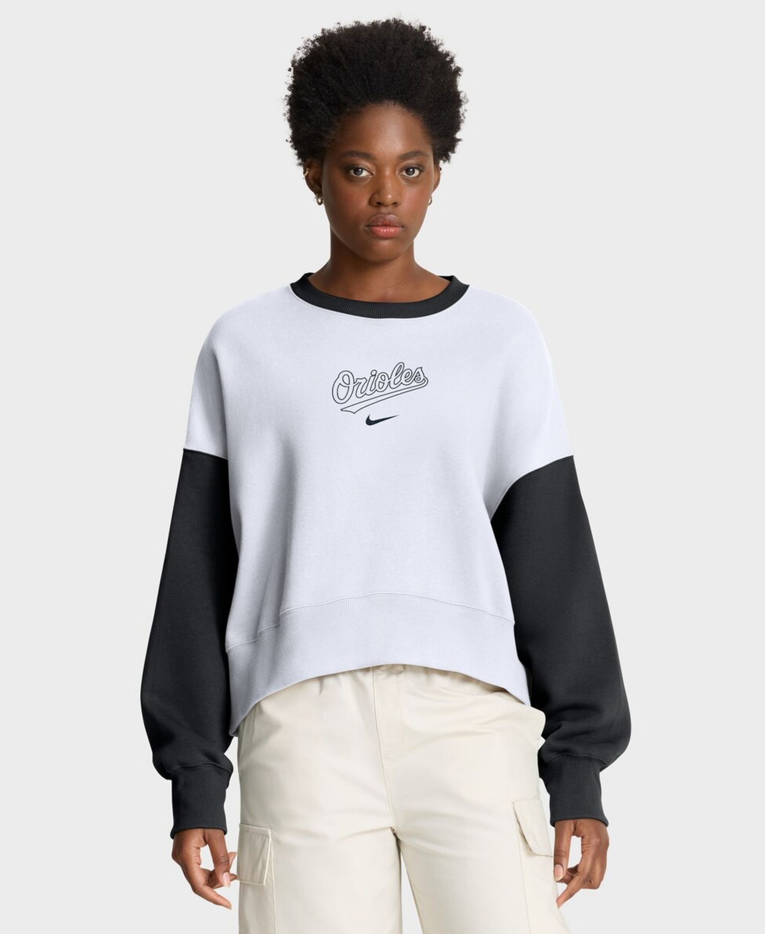 Women's White/Black Baltimore Orioles Oversized High Hip Fleece Sweatshirt