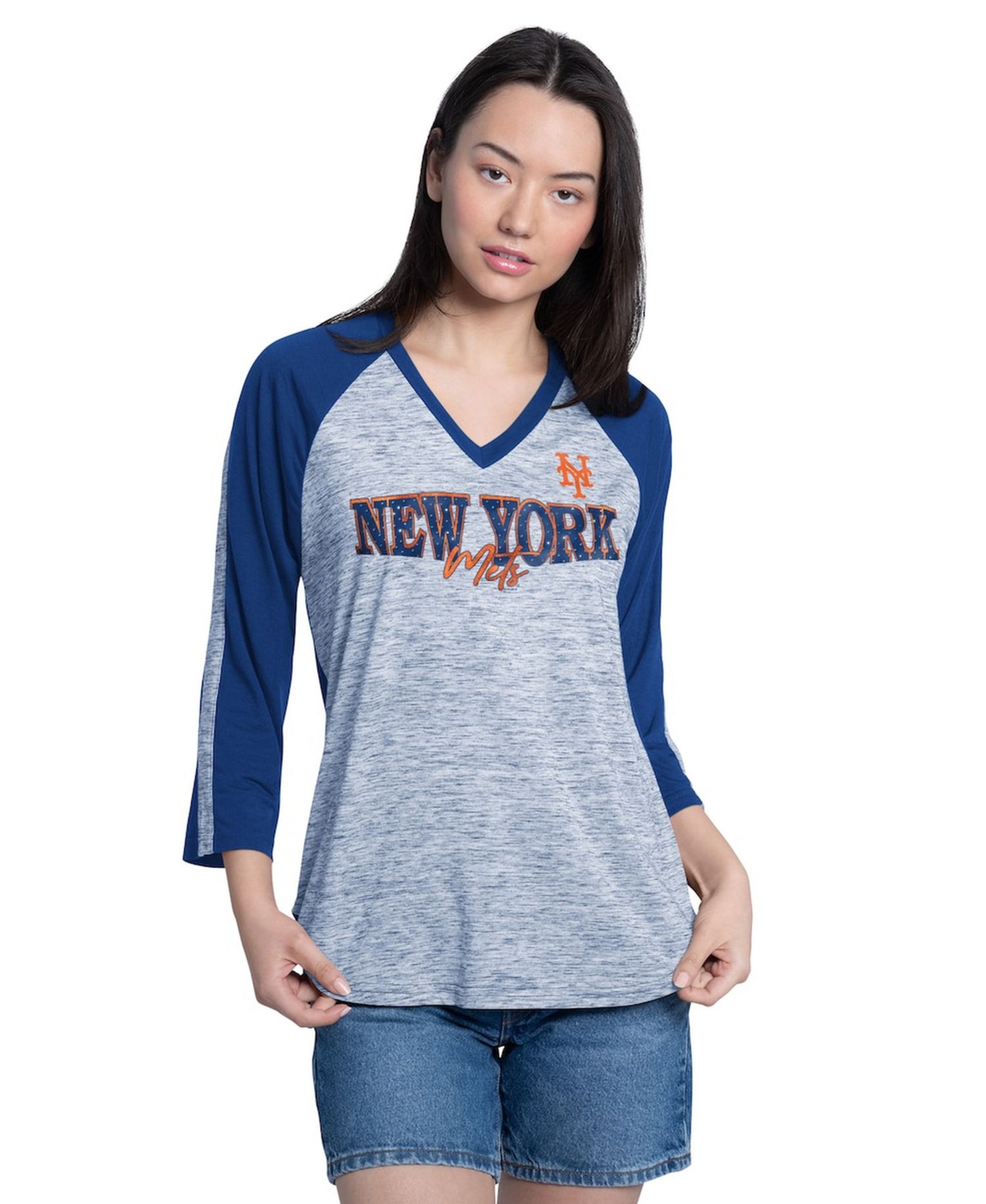 Women's Royal/Heather Royal New York Mets Speed Training 3/4-Sleeve Rhinestone V-Neck T-Shirt