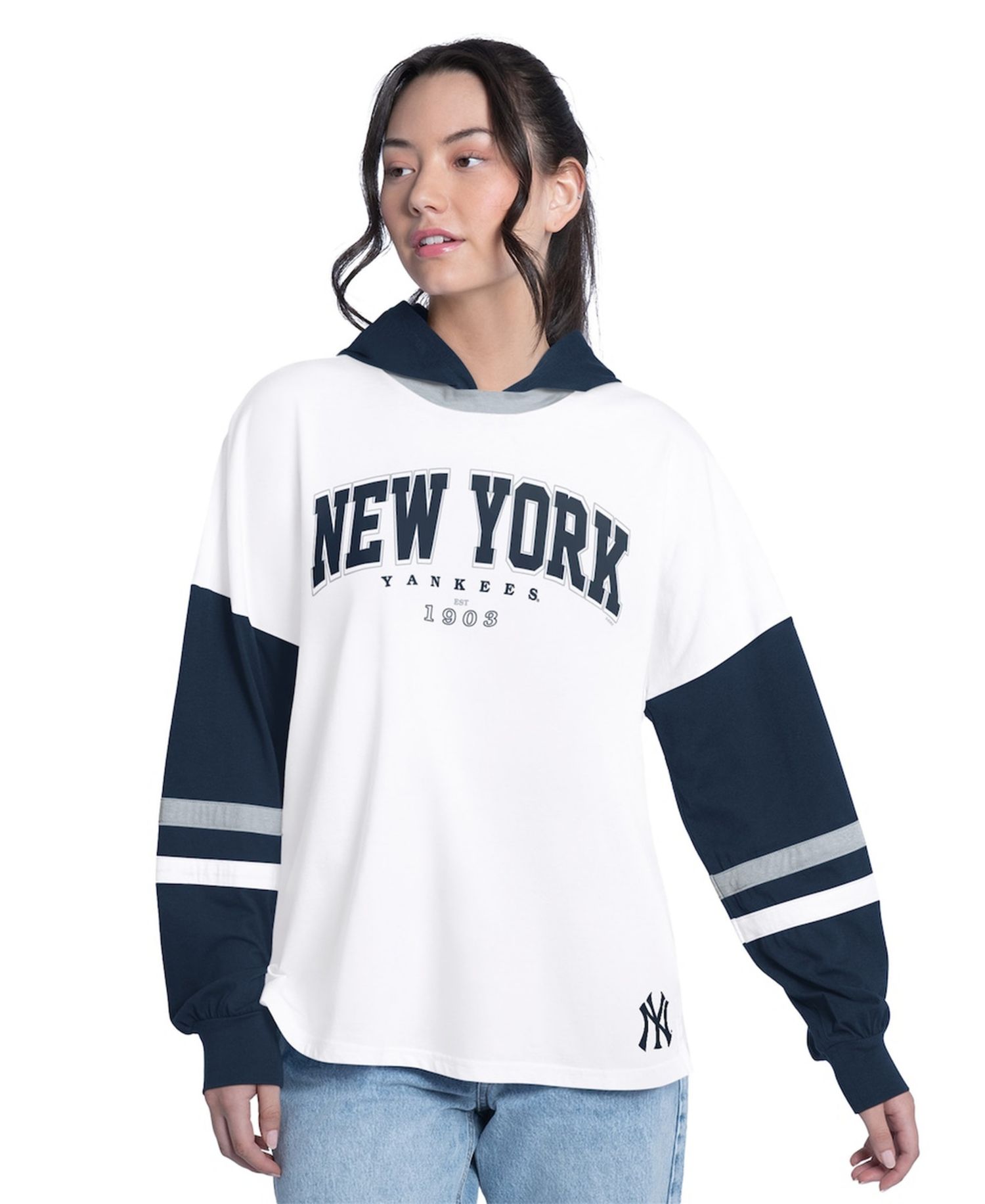 Women's White/Navy New York Yankees Key Player Oversized Hooded Long Sleeve T-Shirt