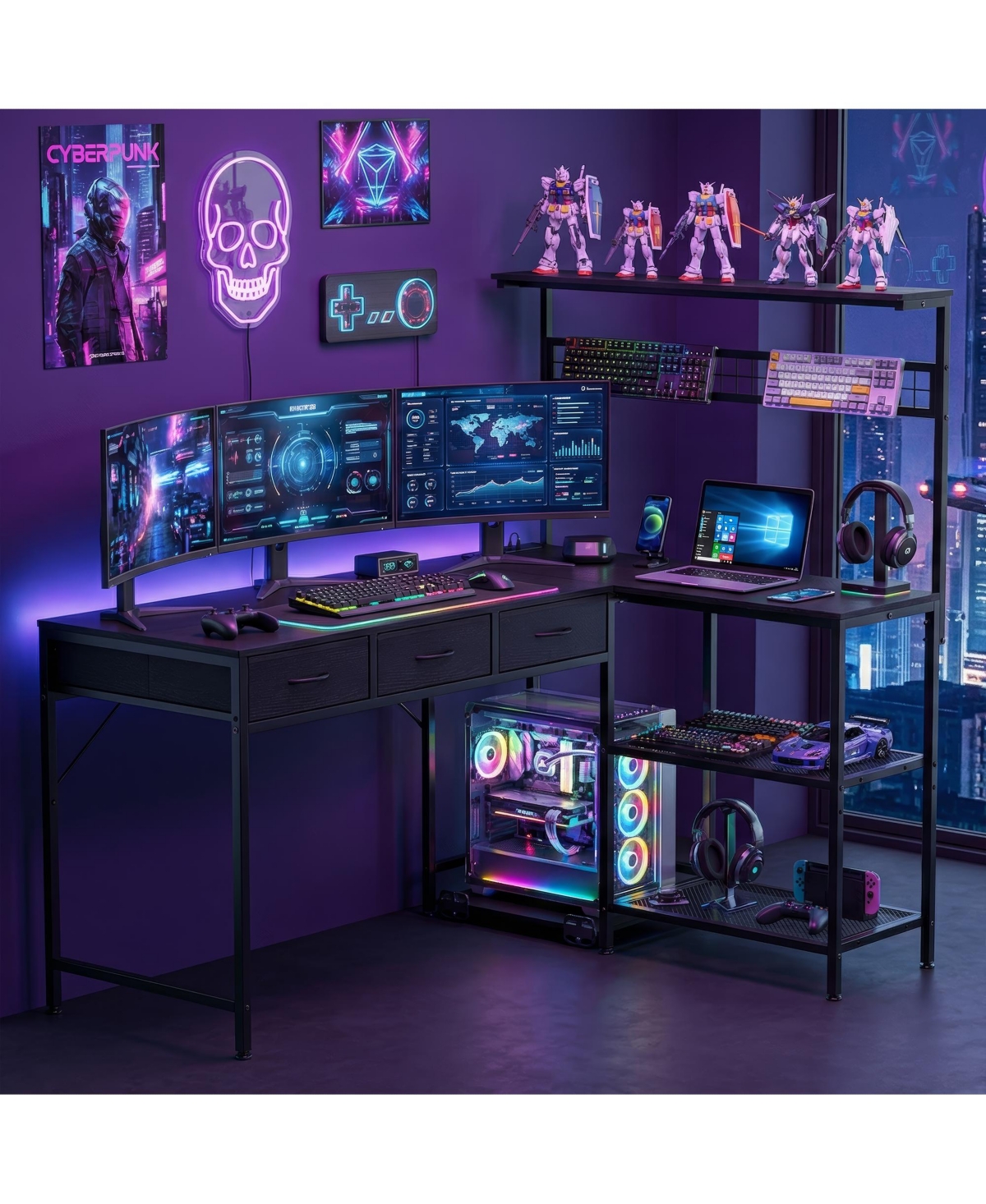 gaomon 50.4" L Shaped Computer Desk with Power Outlets and Led Lights, Reversible Home Office 3-Tier Storage Shelves Drawer