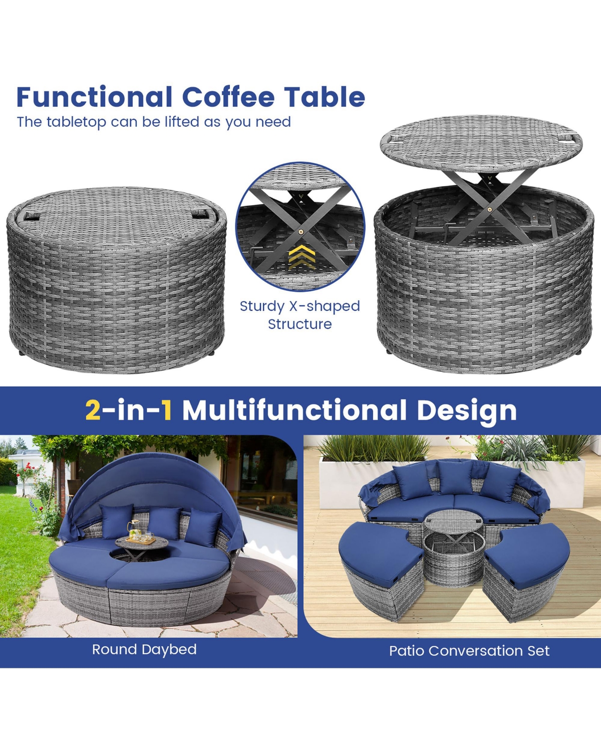 Gymax Outdoor Round Daybed with Retractable Canopy and Side Table Backyard Poolside Lawn