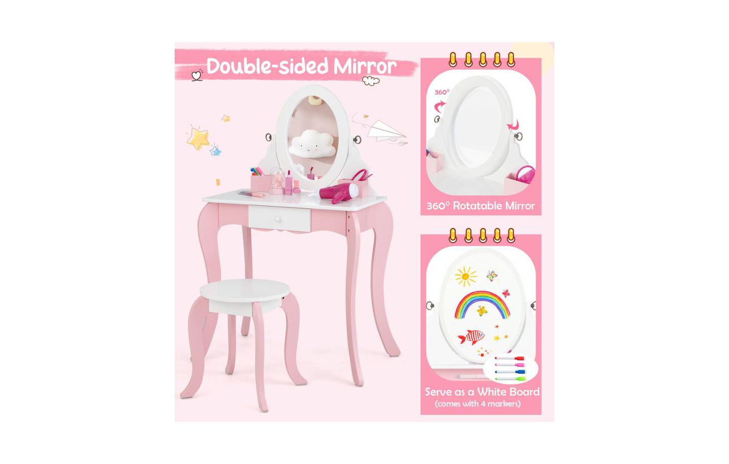 Детские игрушки Slickblue Kids Pretend Vanity Set with 360degree(s) Rotating Mirror and Play Accessories-Pink, цвет: Розовый / Белый — фото 3