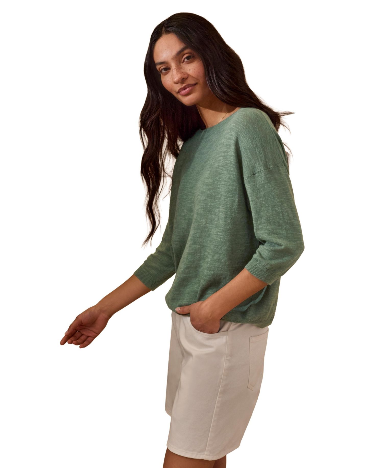 Women's 3/4 Sleeve Linen Blend Crew Neck Top