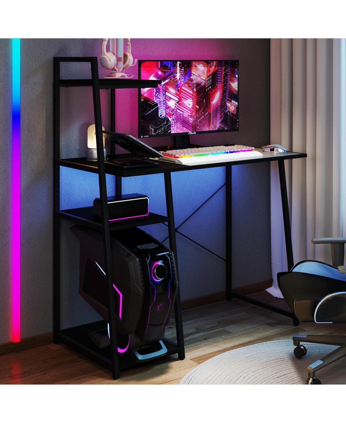 Gymax Home Office Desk Pc Laptop Workstation with Bookshelf Host Stand Metal Frame