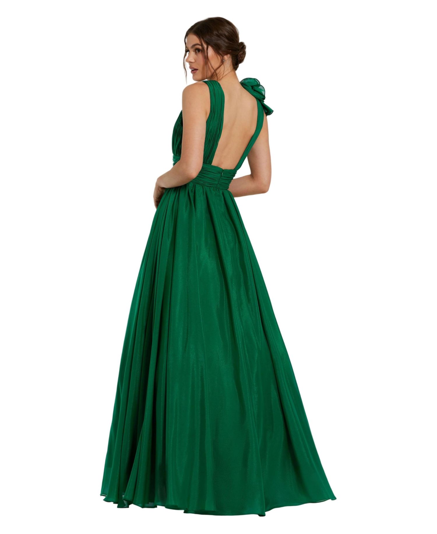 Petite Ruffle Shoulder V-Neck A-Line Evening Gown