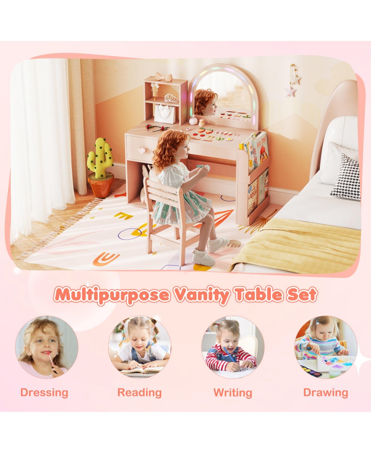 Gymax Kids Vanity Desk with Lights Open Bookshelf Storage Drawer Compartment and Shelves