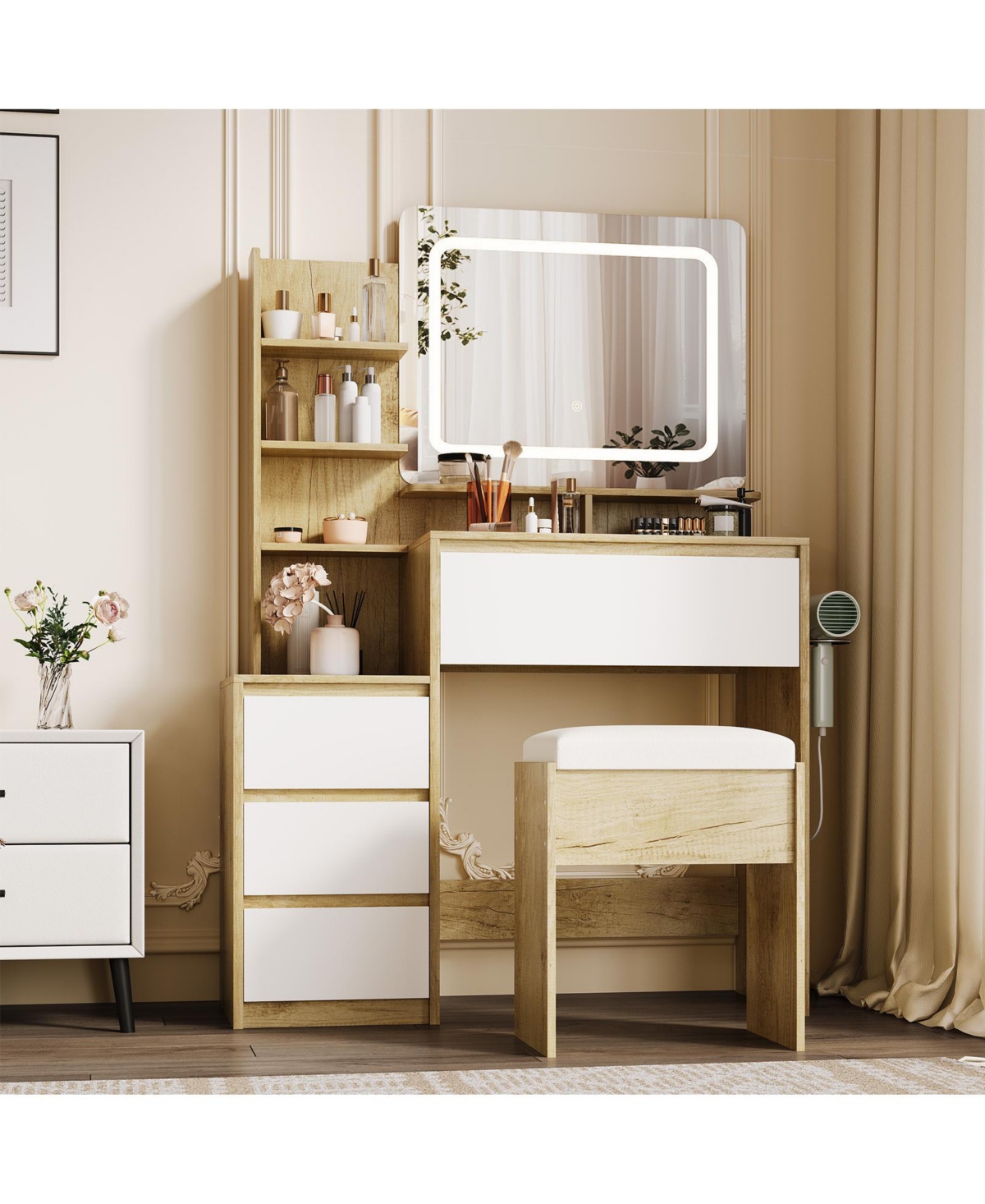 gaomon Lighted Vanity Mirror Desk with Adjustable Led Lights, 4 Drawers, Charging Station, Matching Stool and Large Hd Mirror, Makeup Vanity Desk