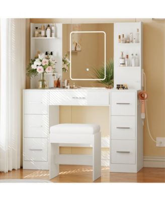 43" Large Vanity Desk with 3 Colors LED Light and Mirror - Vanity Desk Set with Power Outlet and Hairdryer Rack - Makeup Vanity Table