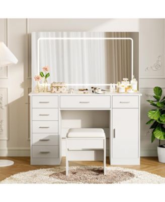 Vanity Desk with Large LED Mirror, 7 Drawers, Power Outlets, USB Ports, Hair Dryer Holder, 3-Mode Lighting, Stool, Cabinet
