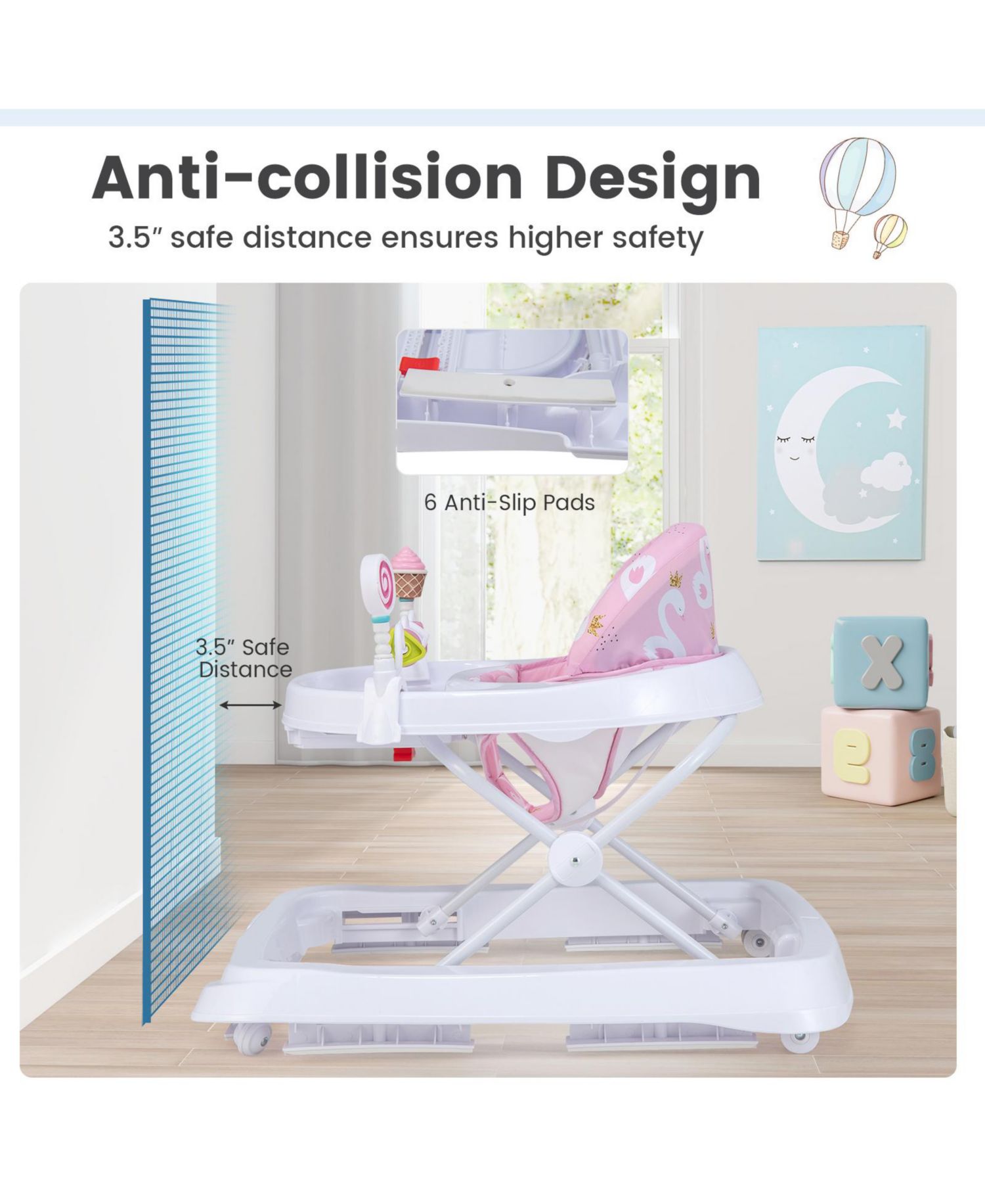 Baby Walker with Adjustable Heights, Foldable Frame, and Removable Seat