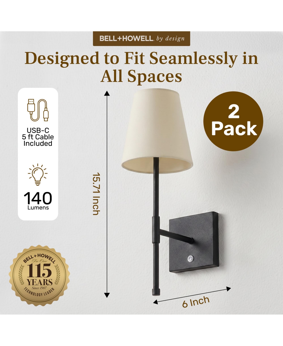 Bell + Howell Set of 2 Fabric Smooth Shade Dimmable Led Rechargeable Cordless Touch Control Lights Wall Sconces
