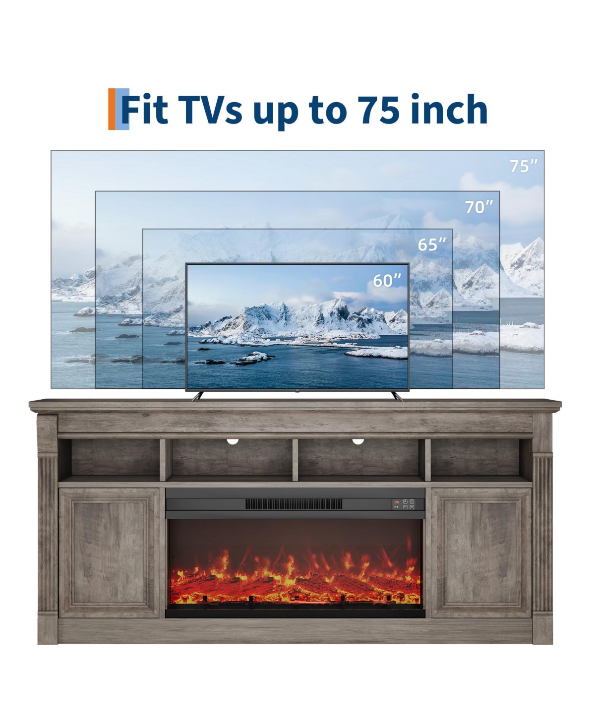 homfan 68" Farmhouse Electric Fireplace Tv Stand, Entertainment Center with Open Storage Cabinets for TVs up to 75", Media Console for Living Room