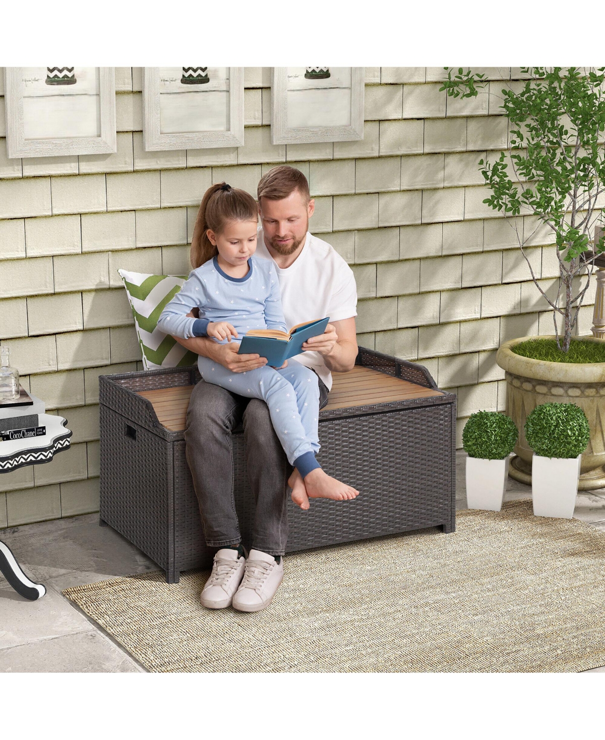 Gymax Patio Wicker Bench Deck Box with Acacia Wooden Seat Storage Bench Poolside Garden