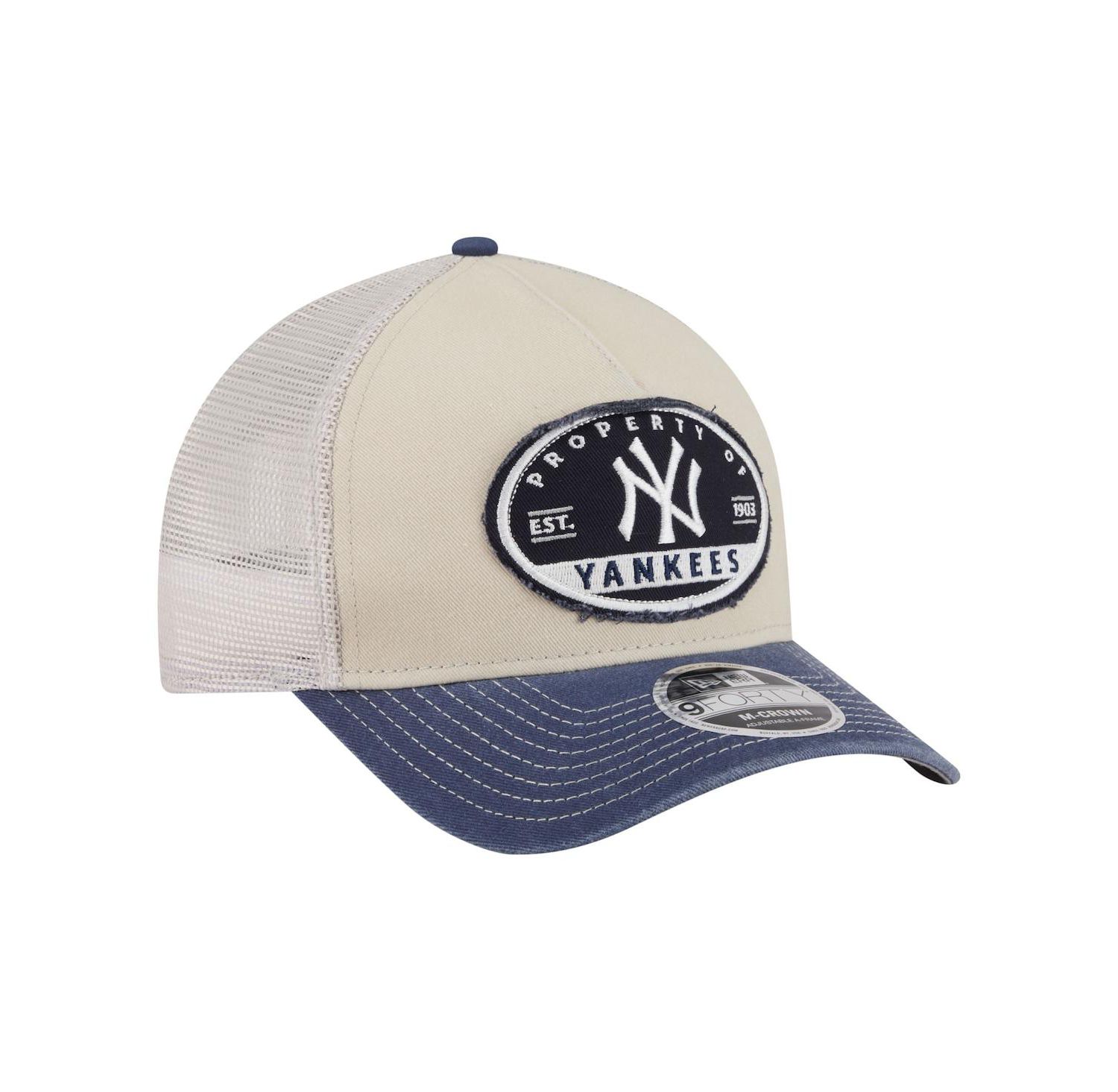 Men's Light Beige/Navy New York Yankees Frayed M-Crown A-Frame 9FORTY Trucker Adjustable Hat