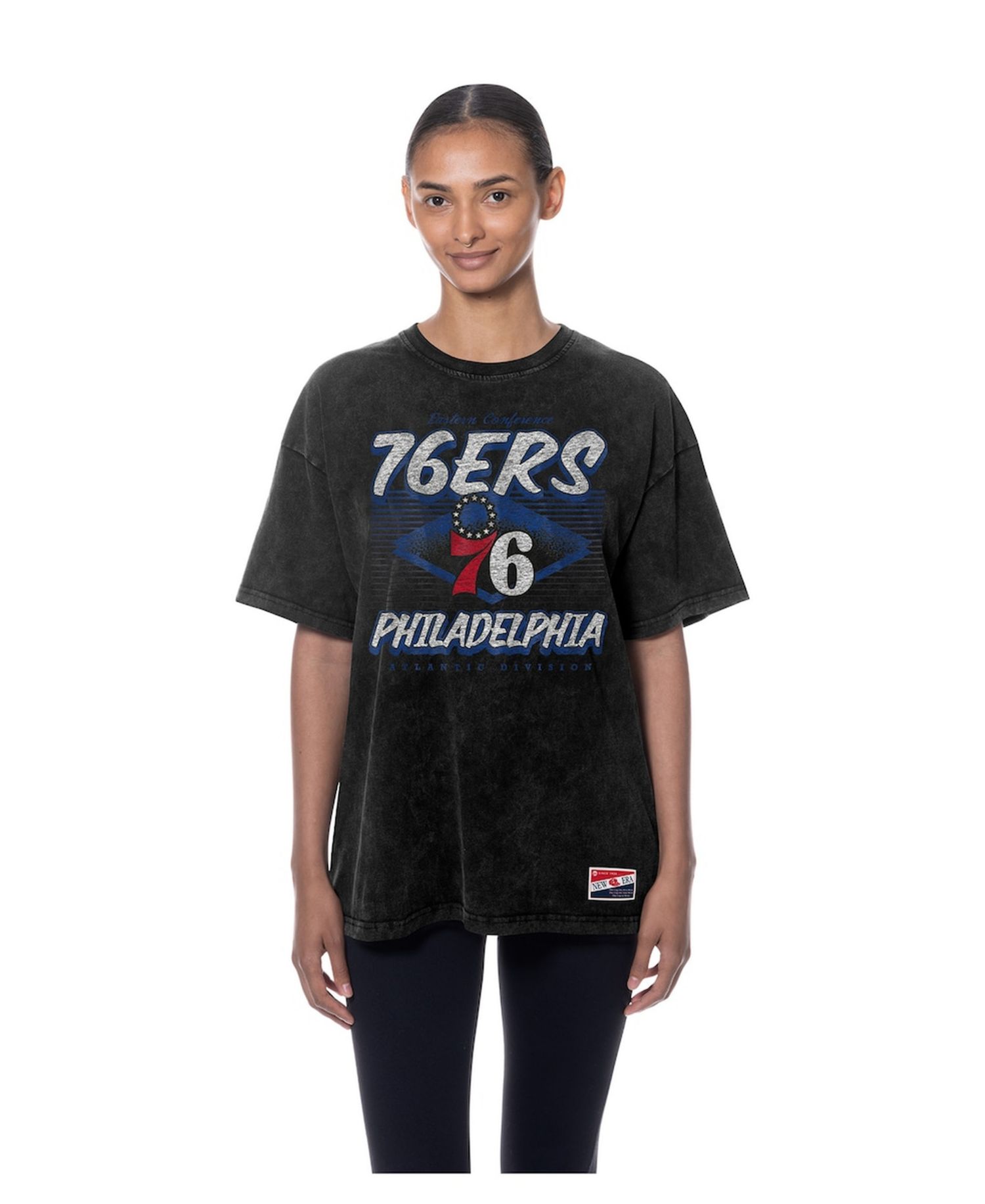 Women's Black Philadelphia 76ers Throwback Mineral Wash Oversized T-Shirt