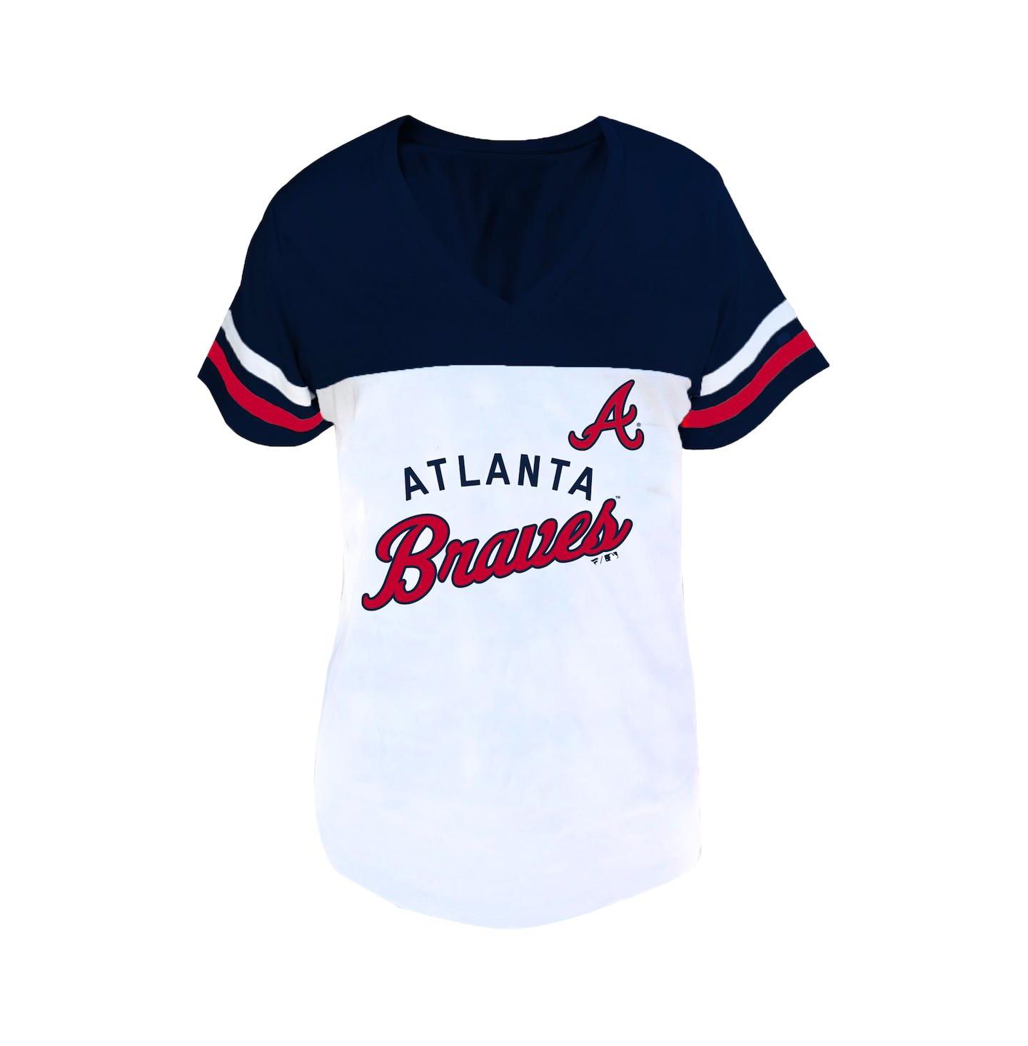 Женская футболка Fanatics White/Navy Atlanta Braves Plus Size Two-Stripe V-Neck — фото 3
