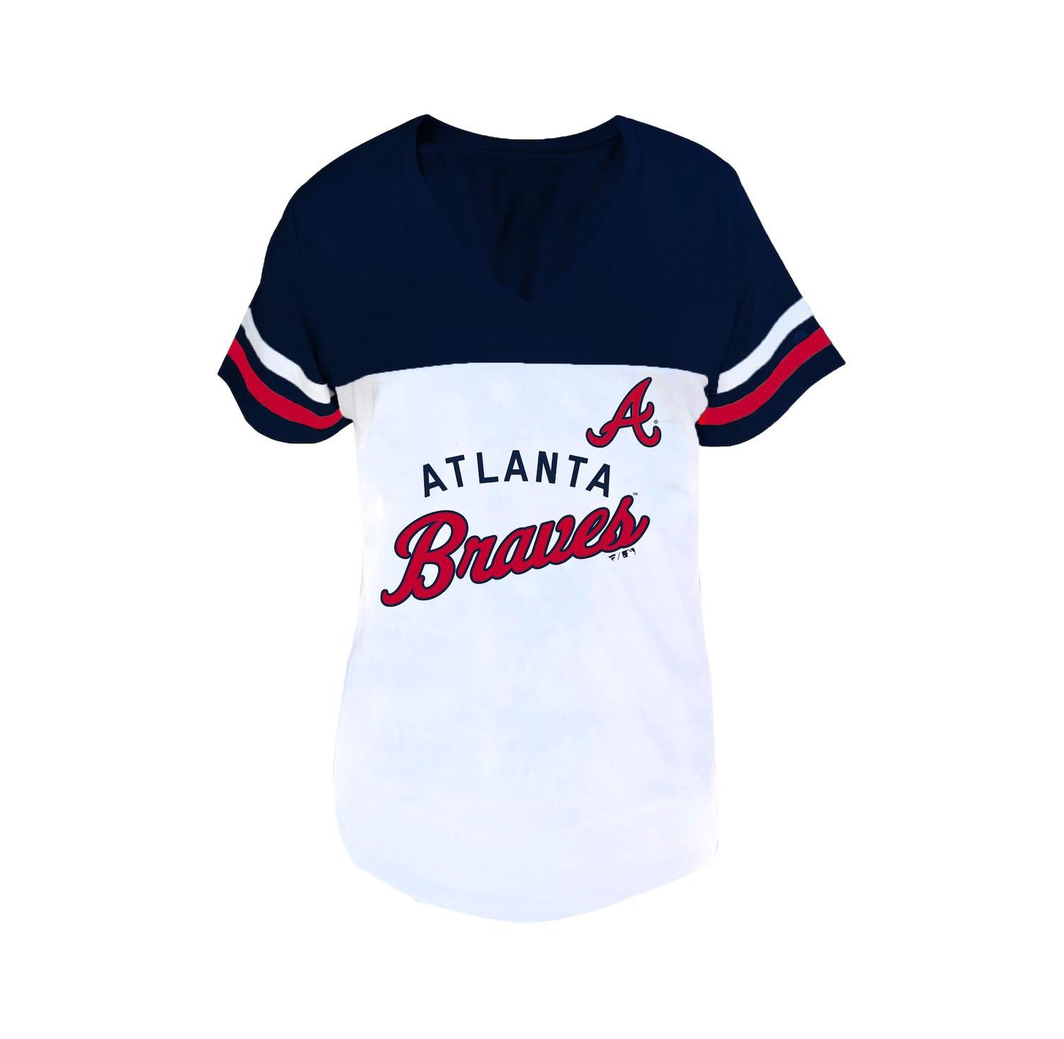 Women's White/Navy Atlanta Braves Plus Size Two-Stripe V-Neck T-Shirt