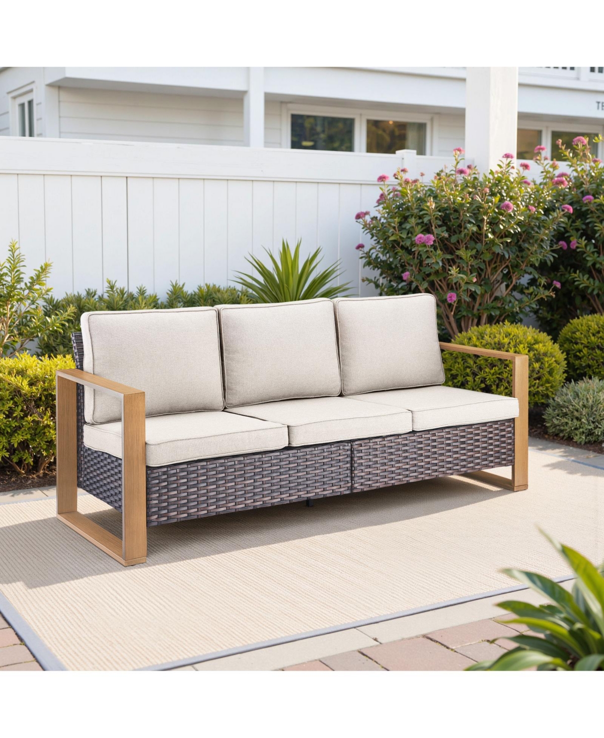 Pocassy Outdoor Patio Couch, 3 Seater Wicker Sofa with High Back, Deep Seating, Wide Armrest, Thickened Cushions