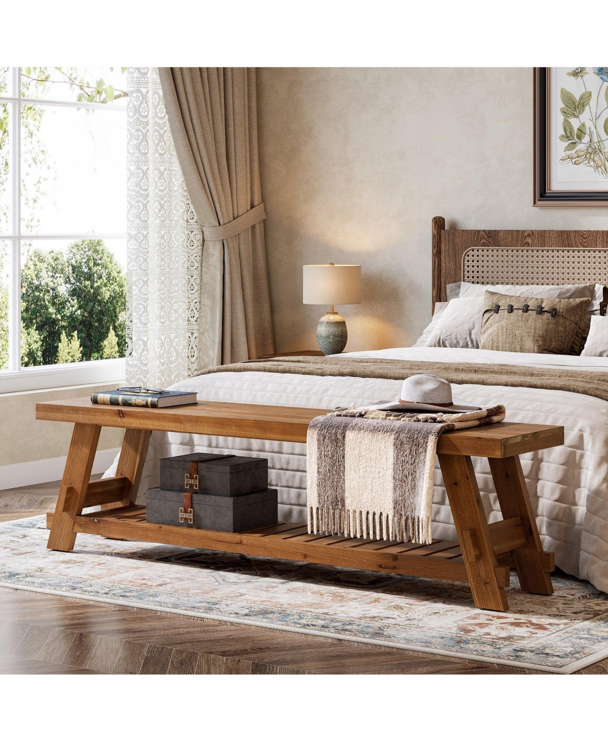 Slickblue 2-Tier Solid Wood Shoe Bench for Hallway or Foyer