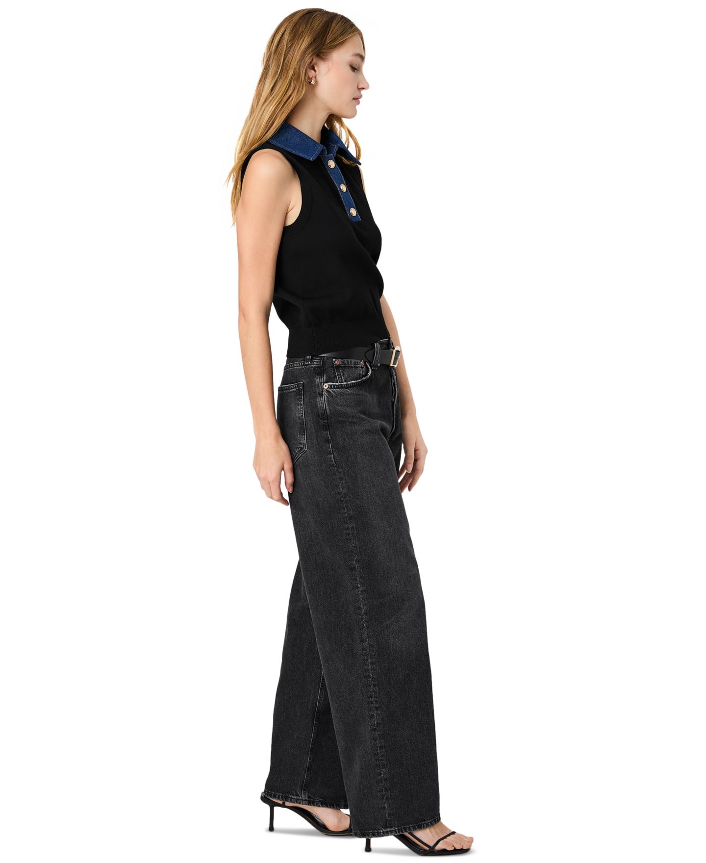 Женский свитер French Connection Maxine Knit Denim Collar Sleeveless, цвет: Чёрный / Джинсовый — фото 3