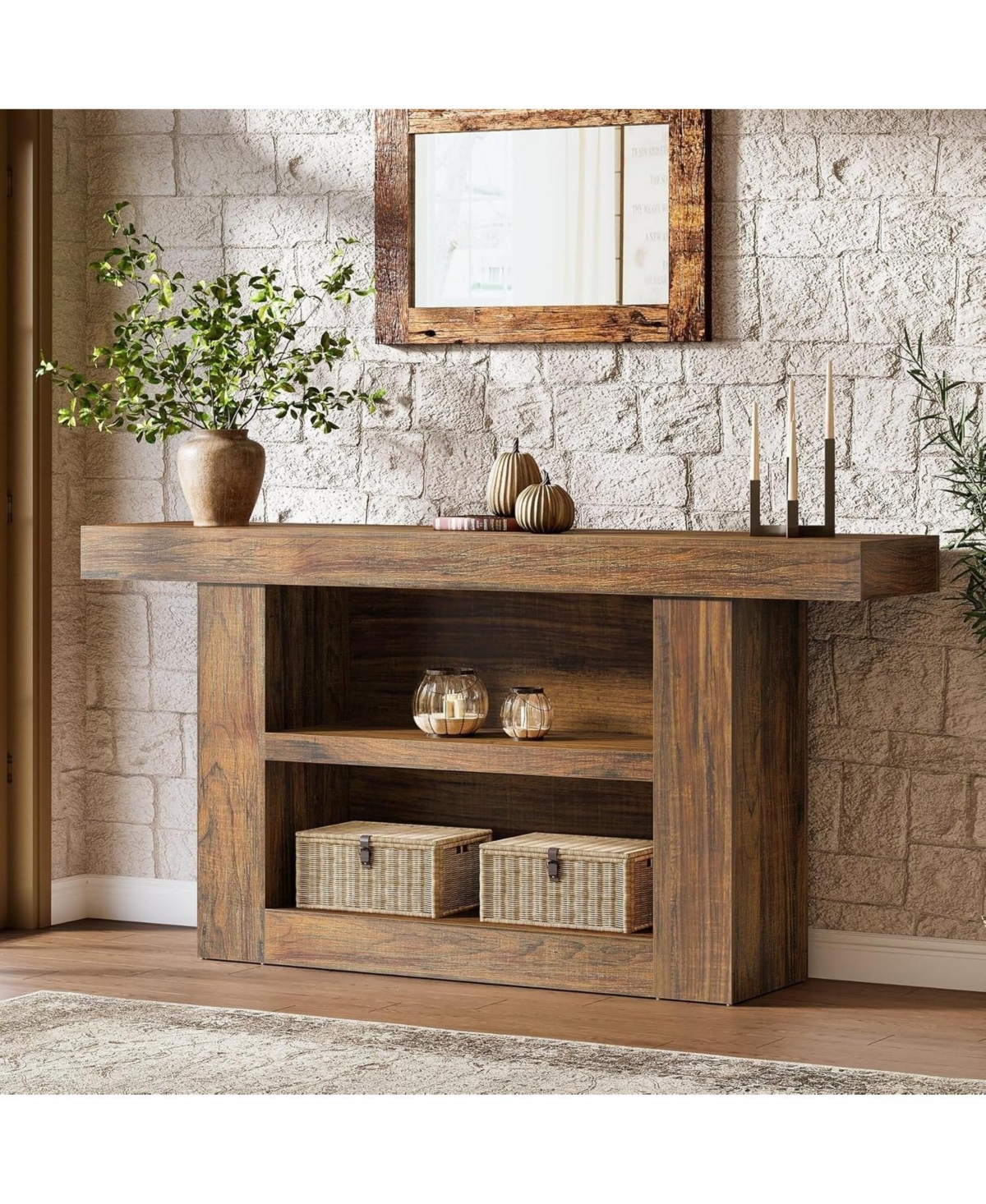 Slickblue 3-Tier Farmhouse Sofa Console Table with U-Shaped Base for Entryway