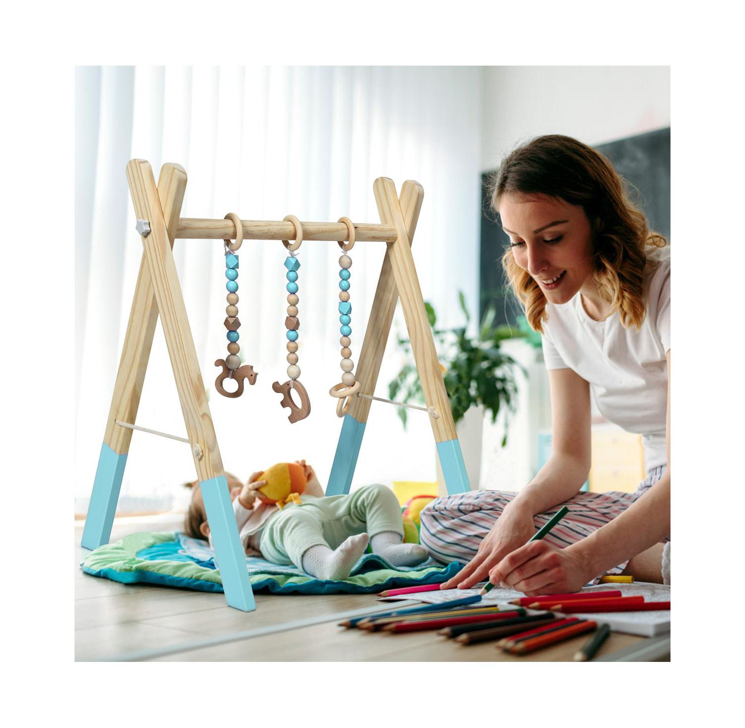 Toddler Wooden Gym with 3 Wooden Teething Toys Hanging Bar
