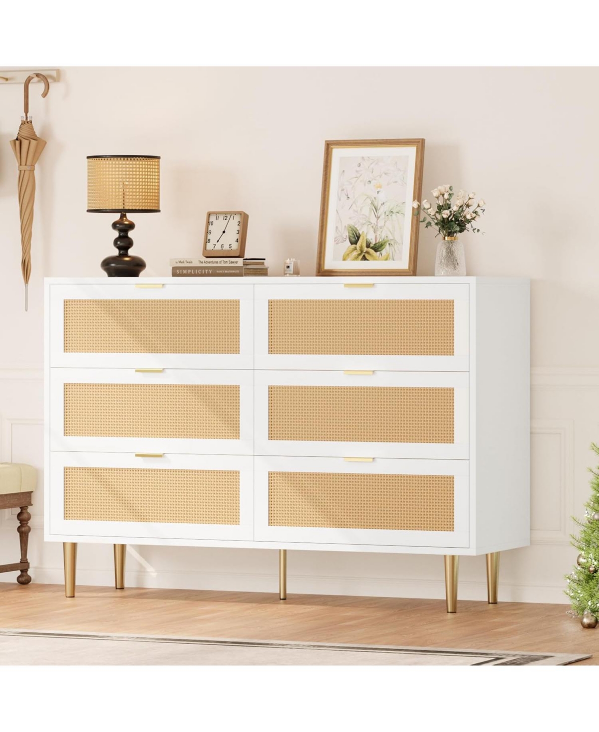 gaomon Rattan 6 Drawer Dresser with Gold Legs & Handles, Wide Wood Storage Cabinet
