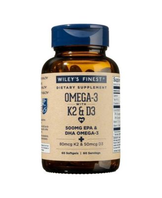 Wiley s Finest Fish Oil Vitamin K2 and D3 - 500mg EPA and DHA for Bone and Heart Health - 60 Softgels (60 Servings)