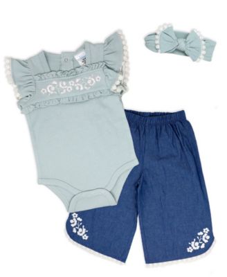 Baby Girls' Short-Sleeve Bodysuit, Denim Pant and Headband, 3-Piece Set