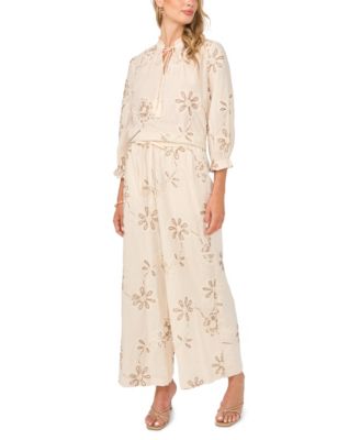Vince Camuto Womens Embroidered Cotton Split Neck Top Angled Hem Elastic Waist Pants