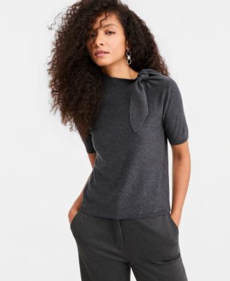 Women's Emmmaggio Mock Neck Short-Sleeve Sequin-Embellished Sweater