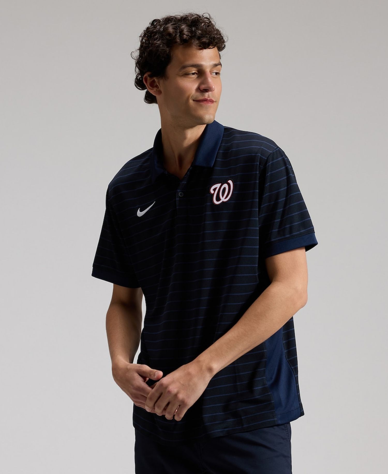 Men's Navy Washington Nationals Authentic Collection Striped Victory Dri-FIT Polo Shirt