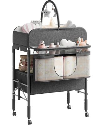 Baby Changing Table, Versatile Folding Changing Table with Wheels and 2 Drawers, Adjustable Height 38-41 inch
