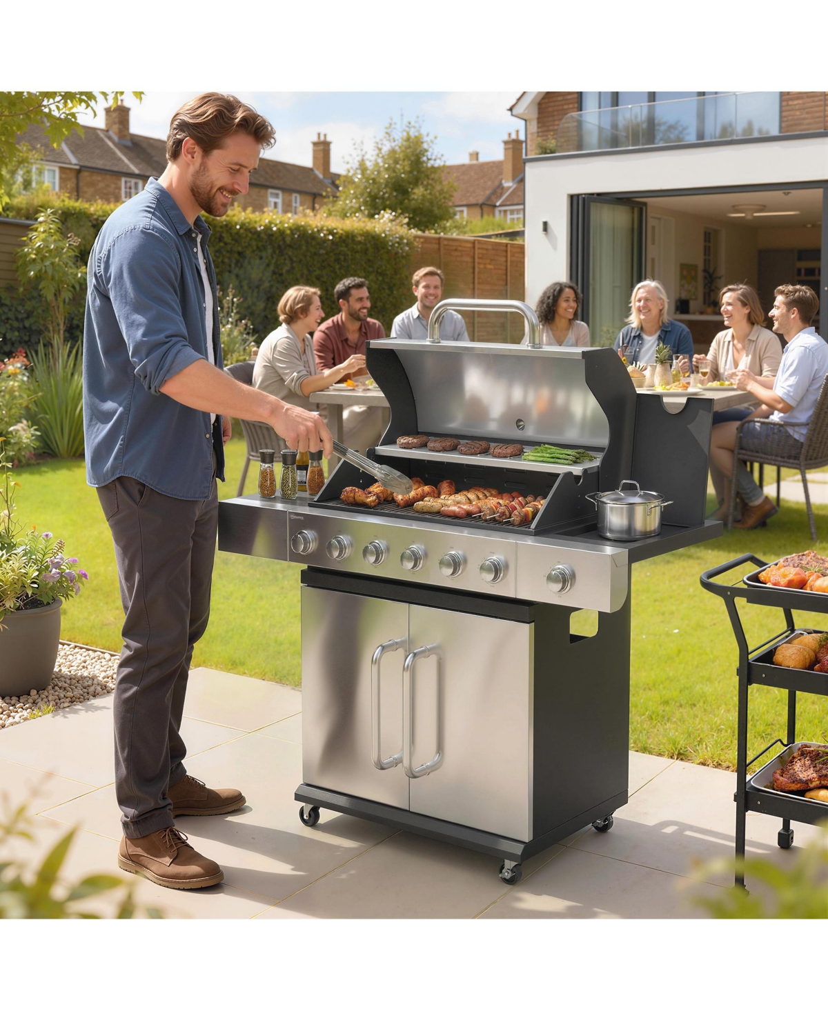 Outsunny 6 Burner Propane Gas Grill, Barbecue Grill with Side Burner