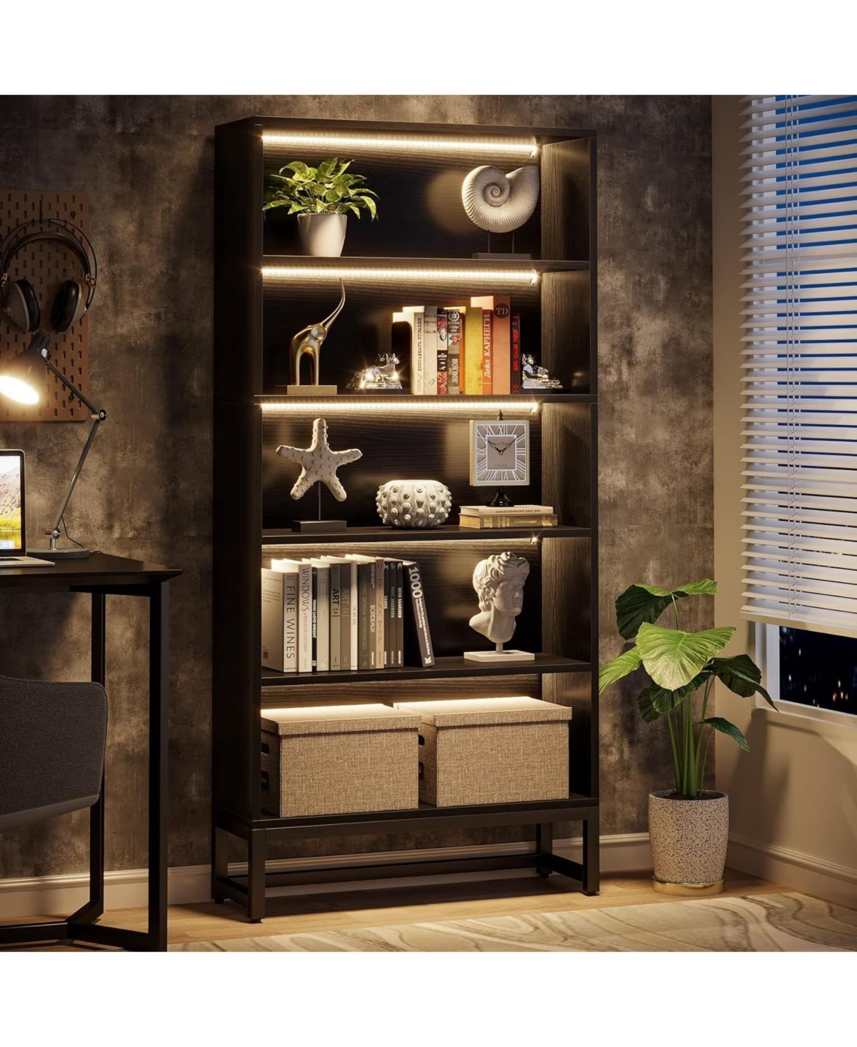 Slickblue 5-Tier Tall Bookcase with Led Lighting for Books, Decor, and Storage