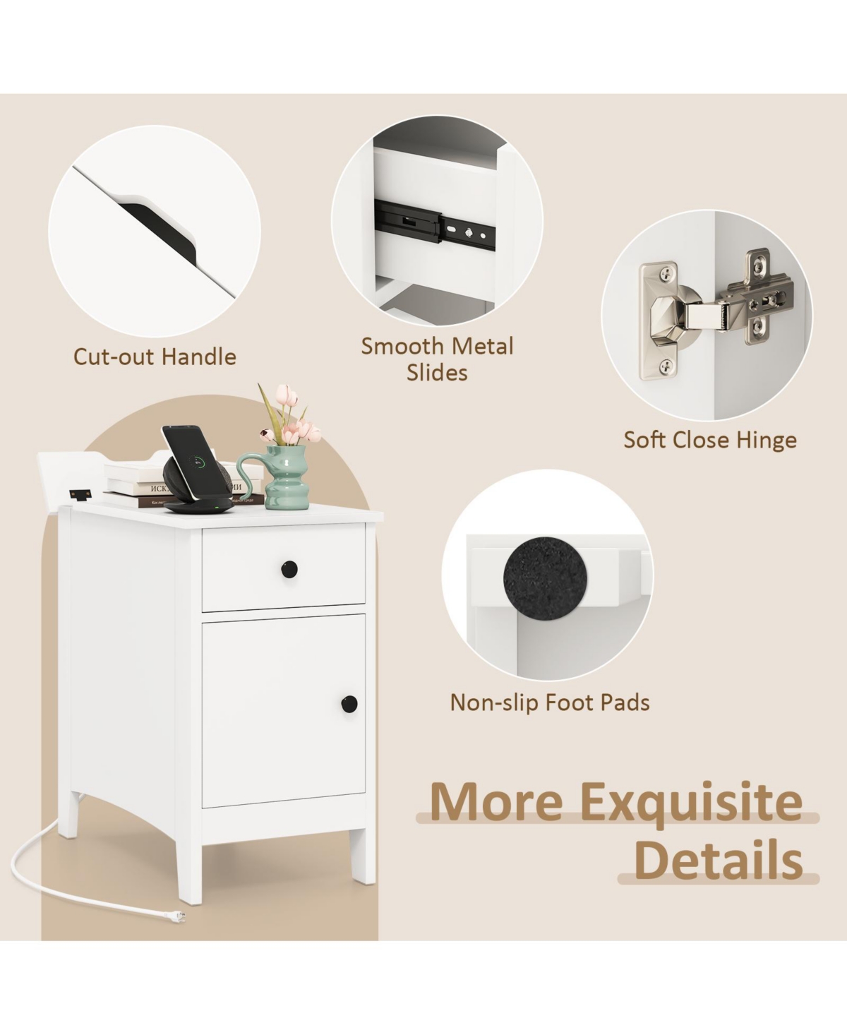 Gouun Flip-Top End Table with Charging Station, Drawer and Storage Cabinet