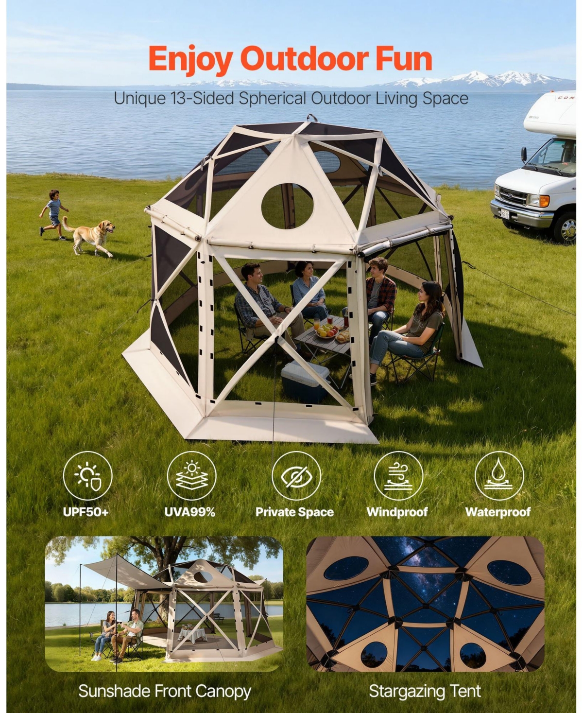 Cozito Pop Up Gazebo Screen Tent, 12 x 12 feet 13-Sided Spherical Canopy