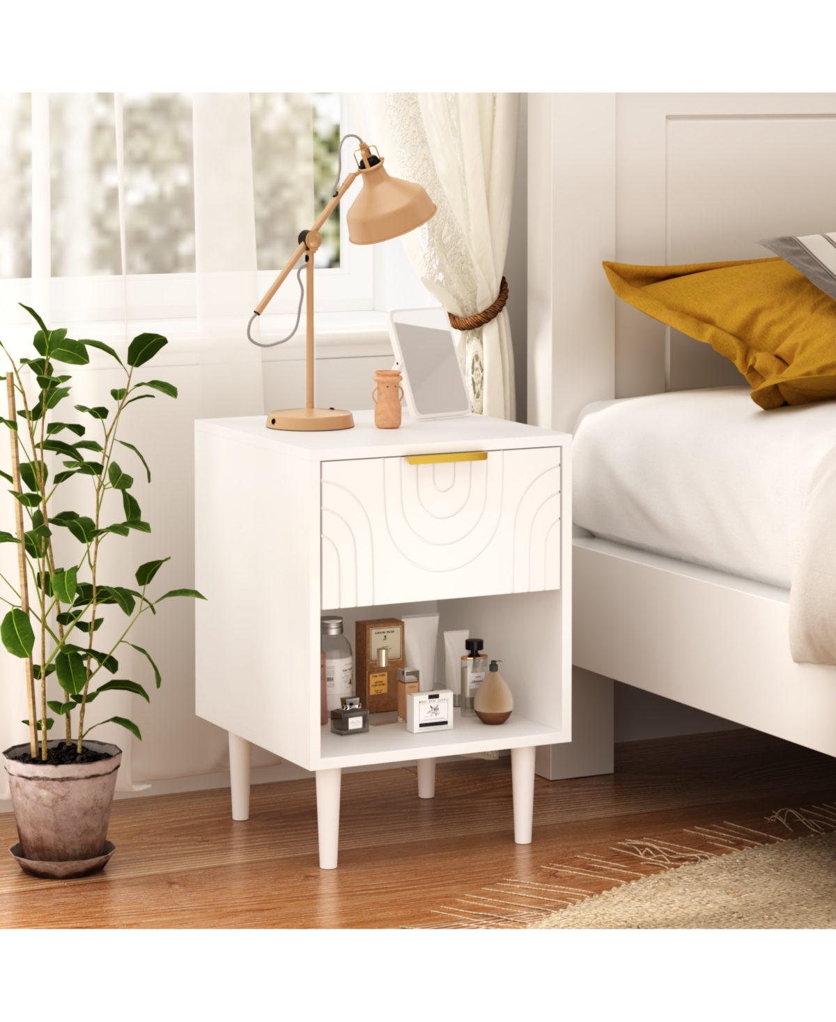 Rainsken Modern Nightstand, Wood End Table Kids Bedside Table with Drawer, Open Shelf and Gold Handle for Bedroom Decor