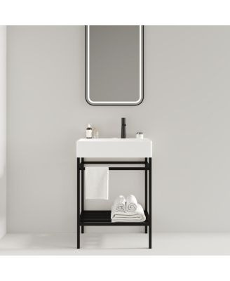 Bathroom Vanity with Ceramic Integrated Sink, Metal Storage Shelf, Modern Freestanding Cabinet for Small Spaces