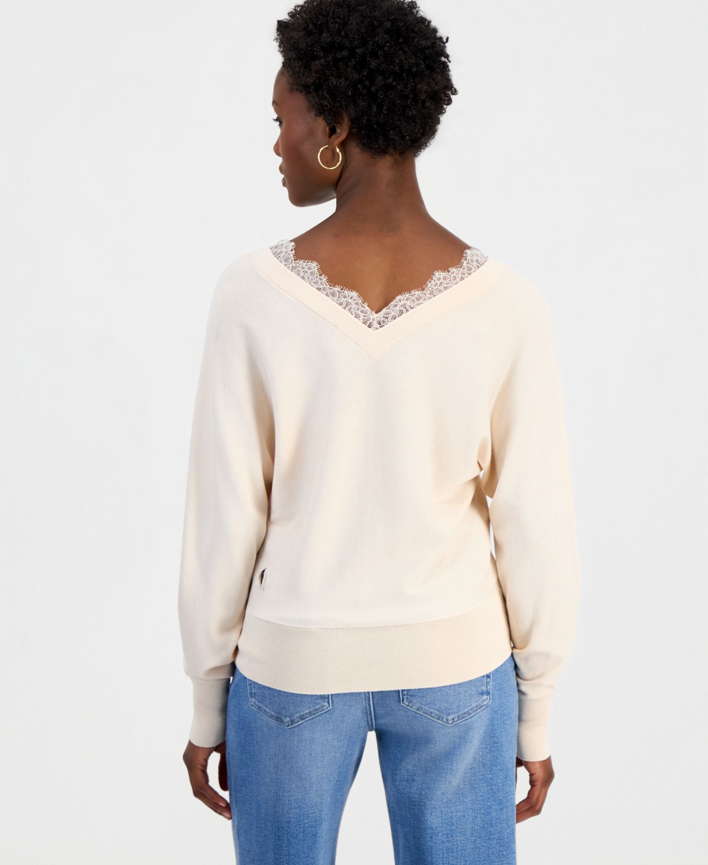 Женский свитер I.N.C. International Concepts Petite Lace Trim Double V Neck Dolman Long-Sleeve Viscose-Blend, цвет: Пастельный розовый рыжевато-коричневый — фото 2