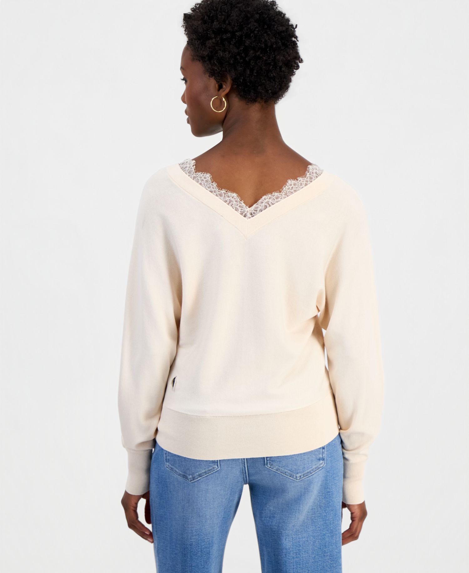 Petite Lace Trim Double V Neck Dolman Long-Sleeve Viscose-Blend Sweater