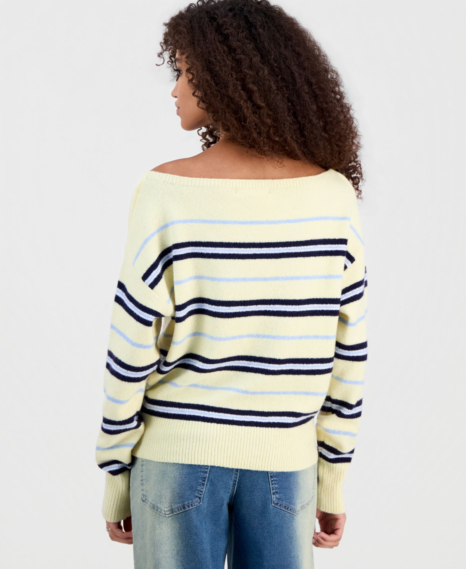 Juniors' Slouchy Off-The-Shoulder Striped Sweater