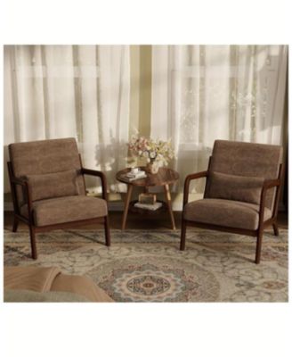 2-Piece Chenille Accent Chairs, Mid-Century Style, Sturdy Wooden Frame, Comfortable Reading Chair with Lumbar Pillow