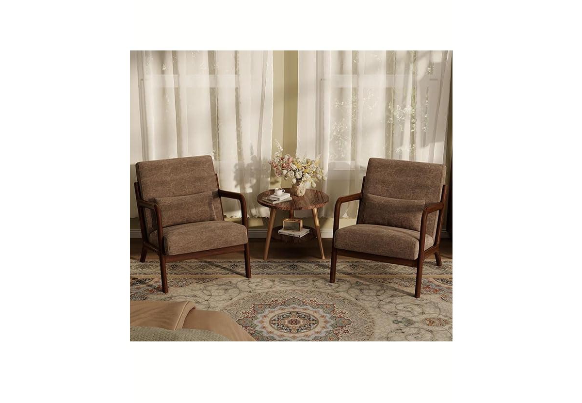 gaomon 2-Piece Chenille Accent Chairs, Mid-Century Style, Sturdy Wooden Frame, Comfortable Reading Chair with Lumbar Pillow