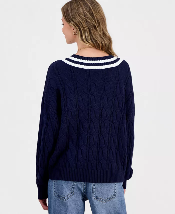 Juniors' V-Neck Varsity Cable-Knit Sweater - thumbnail 7