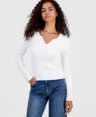 Juniors' Ribbed Snap Henley Sweater
