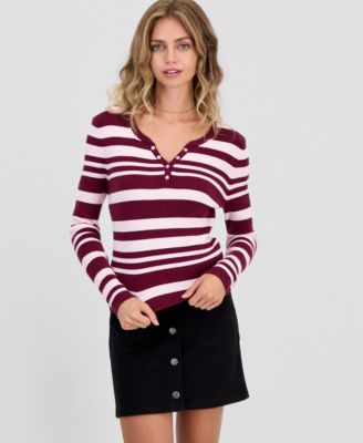 Juniors' Striped Snap Henley Stripe Sweater