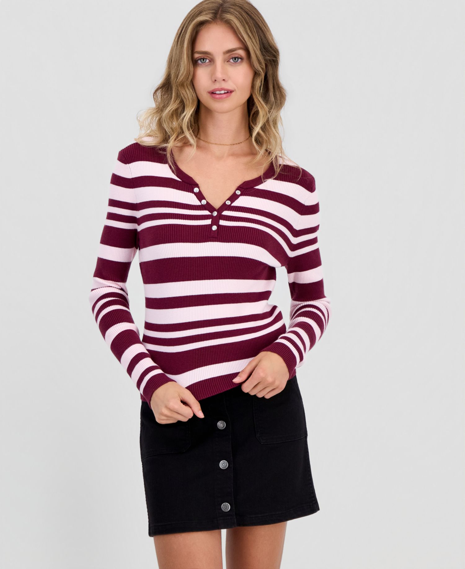 Juniors' Striped Snap Henley Stripe Sweater