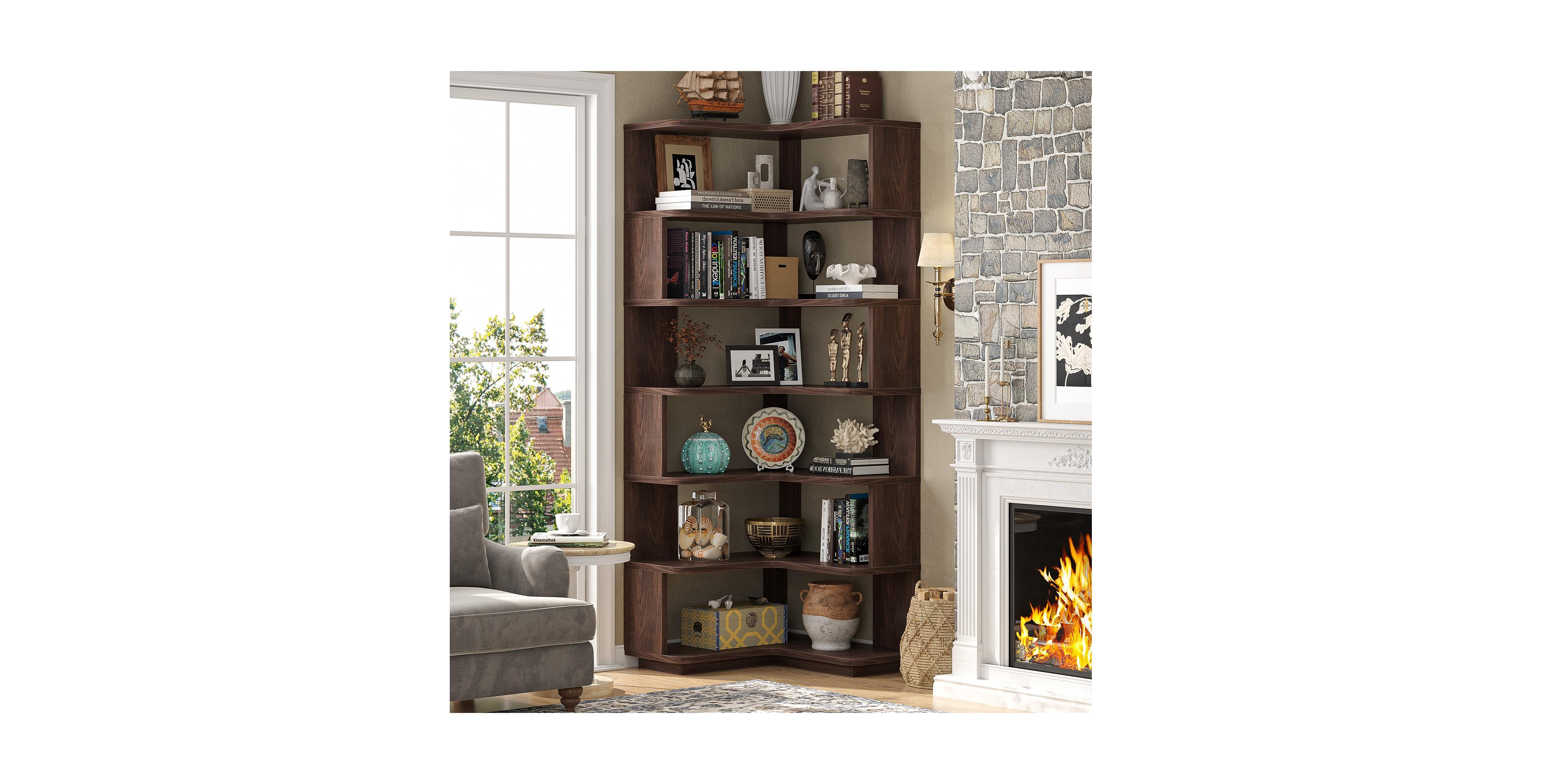 Aheaplus 6-Tier Corner Bookshelf, Space-saving Bookcase Display Storage Shelf